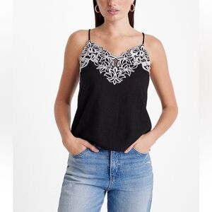 NWT Express XL Pitch Black Linen Blend V-Neck Embroidered Trim Downtown Cami